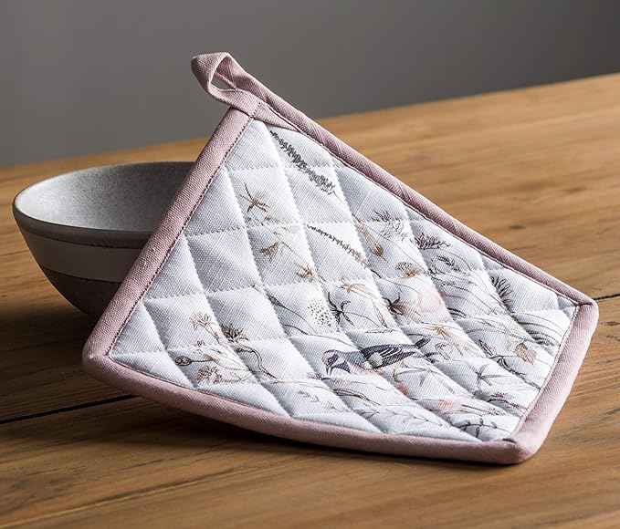 Maison d' Hermine 100% Cotton Oven Mitt & Pot Holder Set (7.5"x13" & 8"x8") Heat Resistant BBQ Cooking Gloves with Loop Baking Kitchen Gifts for Mothers Day Spring/Summer (Meadow Florals - Brown)