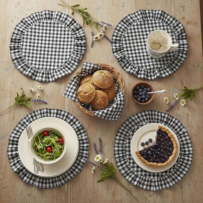 4 Pcs 15 Inch 100% Cotton Scalloped Round Placemats, Thin Black & White Gingham Place Mats with Ruffle, Washable Placemats Table Mats for Kitchen Dining Holiday Gatherings Decor