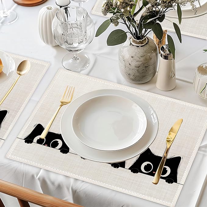 Cute Black Cats Placemats Set of 6,Washable Kitchen Dining Linen Table Mats for Home Party Dinner Indoor Outdoor 12x18Inch