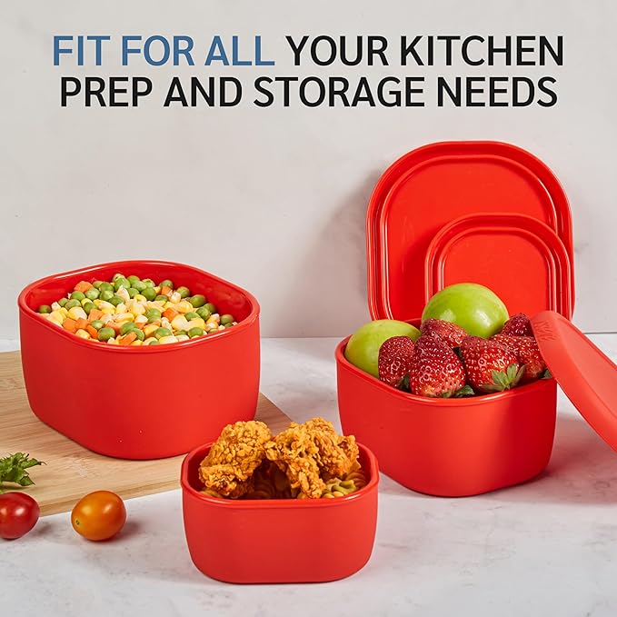 ISSEVE 12Pcs/Set Nesting Silicone Food Storage Containers with Lids, BPA Free Reusable Meal Prep Silicone Containers Airtight, Freezer Dishwasher Safe (33.8oz, 20oz, 10oz, 6.7oz, 1.3oz) (Red)