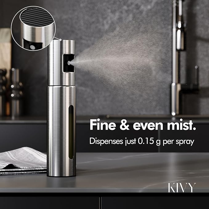 KIVY Glass Oil Sprayer for Cooking– Precise Oil & Vinegar Spray Bottle Oil Mister Spray Bottle for Food – Includes Funnel – Perfect for Cooking & Air Fryer (2x Brushed Stainless Steel)