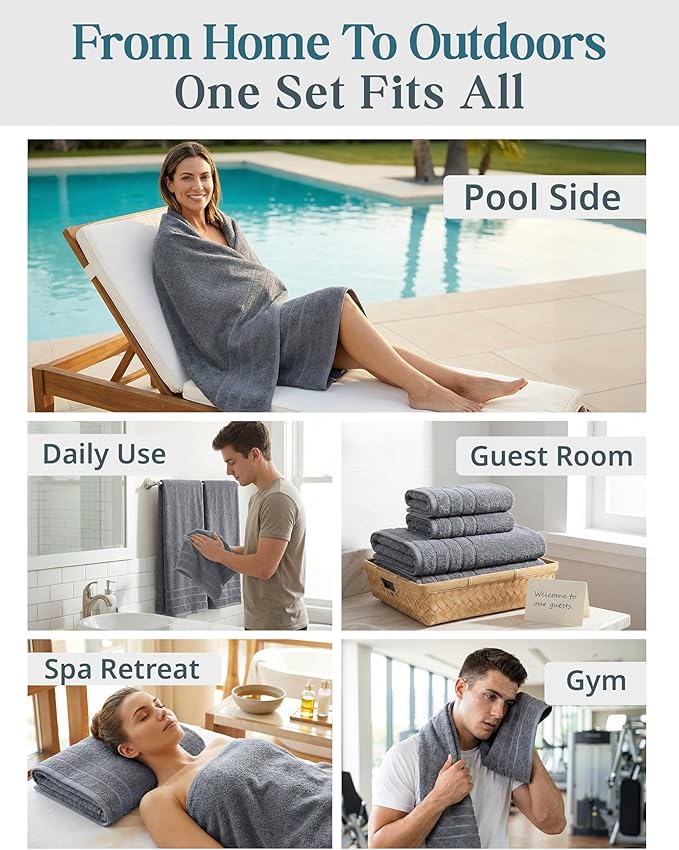 Casa Platino Premium Cotton Towels Set for Bathroom - 8 Pc Value Pack - Mercerized, Soft & Quick Dry - 2 Bath, 4 Washcloths, 2 Hand Towels - Oeko TEX Certified, Tumble Dry Safe & Durable - Cool Grey