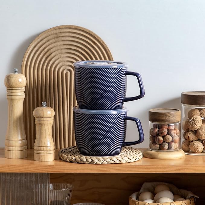 Ceramic Soup Bowls with Lid & Handle: 32 oz Microwave Safe Food Containers for Ramen Noodles Cereal Leftovers - Extra Large Mugs for Breakfast Lunch Picnic Camping - Navy, Set of 2
