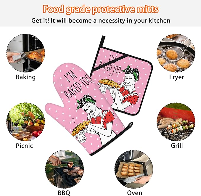 Funny Oven Mitts and Pot Holders Sets Pink Kitchen Accessories Cute Kitchen Decor Funny House Warming Gifts Heat Resistant Cooking Baking Gifts for Women (Pink, Oven Mitts & Pot Holders)