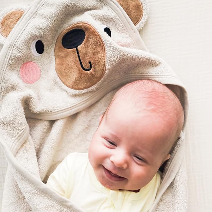 CuddleBug Premium Hooded Baby Bath Towel & Washcloth Set (Bear) - 100% Cotton Terrycloth Hooded Baby Towels for Newborn & Toddler - Super-Soft & Absorbent, Newborn Essentials (33" x 33") - Honey Beige