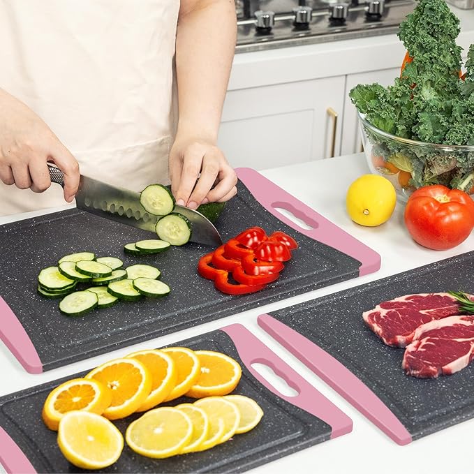 Extra Large Cutting Boards, Plastic Cutting Boards for Kitchen (Set of 3) Cutting Board Set Dishwasher Chopping Board with Juice Grooves Easy-Grip Handles, Pink, Empune