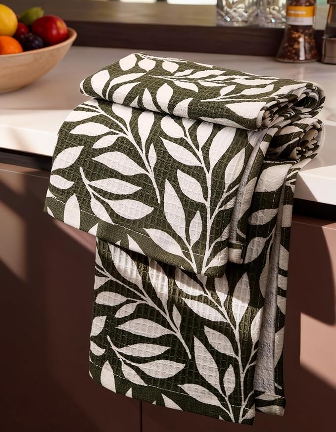 Miss Adola Cotton Waffle Kitchen Towels – Cute 370 GSM 16x25 Inch Terry Cloth Waffle Decorative Dishcloth for Kitchen Set of 2 with Hanging Loop Absorbent Hand Tea Towel for Home Design, Leaf