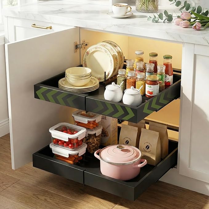 Abalter Expandable Pull Out Cabinet Organizer, 2-Tier Slide Out Drawer for Kitchen Cabinets, Adjustable Width 12-18.5", Slide Out Shelves for Kitchen Countertop, Bathroom, Pantry, Heavy Duty Caddy