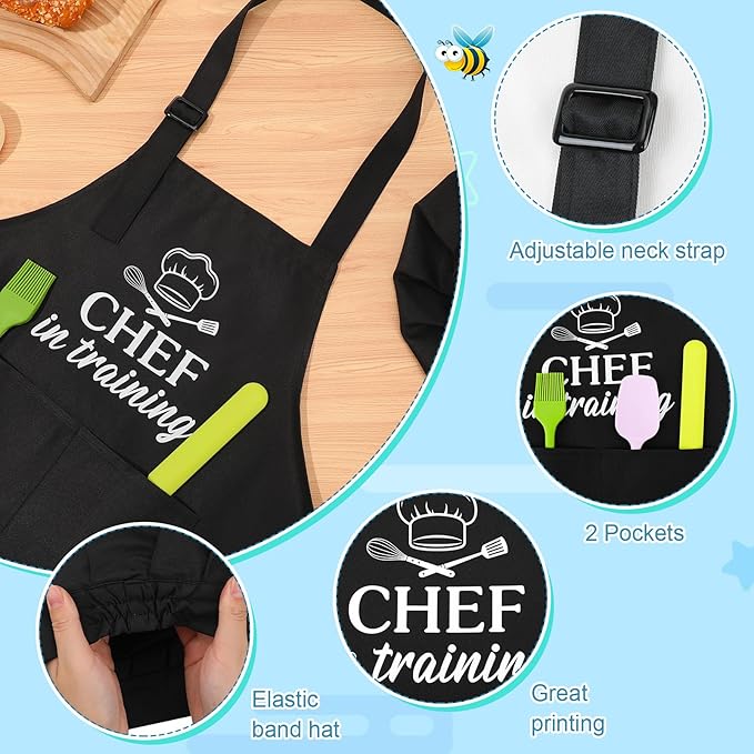 Kids Apron and Chef Hat Set, Funny Apron with 2 Pockets, Adjustable Kids Aprons for Cooking for Boys and Girls