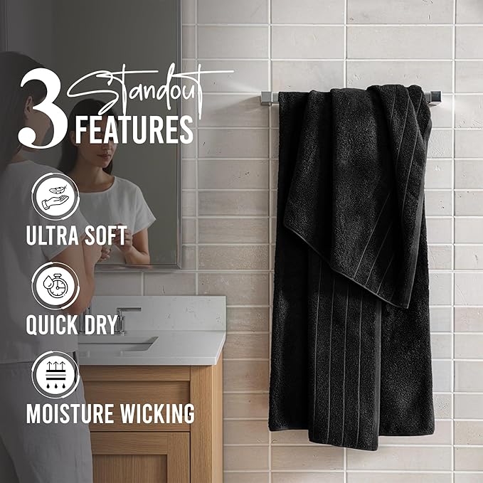 RIVERSIDE Pack of 4 Premium Extra Large Bath Towels 30 x 60 Inches, 100% Cotton, Super Soft & Highly Absorbent, Larger & Lighter Weight, Quicker to Dry, Perfect for Bathroom, Black