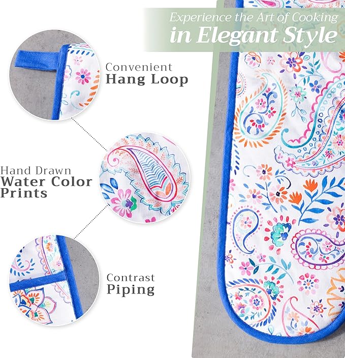 Maison d' Hermine Double Oven Mitts 100% Cotton 7"x35" Double Oven Mitt Heat Resistant BBQ Cooking Gloves with Loop Baking Grilling Gifts for Mothers Day Spring Summer (Indian Floral)