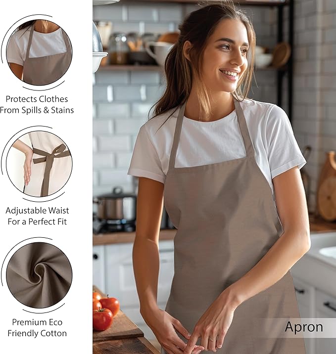 Encasa XO Kitchen Towels and Dishcloths Sets | 21 Pc Apartment Essentials Set | Oven Mitts and Pot Holders with Hanging Loop | Cooking Apron, Dish Cloth, Flour Sack and Coasters Beige Combo