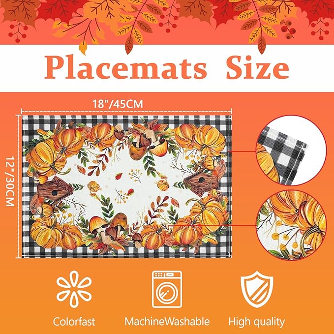 Bloss Thanksgiving Placemats Set of 4 Pumpkin Leaves Fall Placemats,Autumn Decorations Clearance,12x18Inch Plaid Place Mats,Thanksgiving Kitchen Dining Table Place mats for Fall Decorations