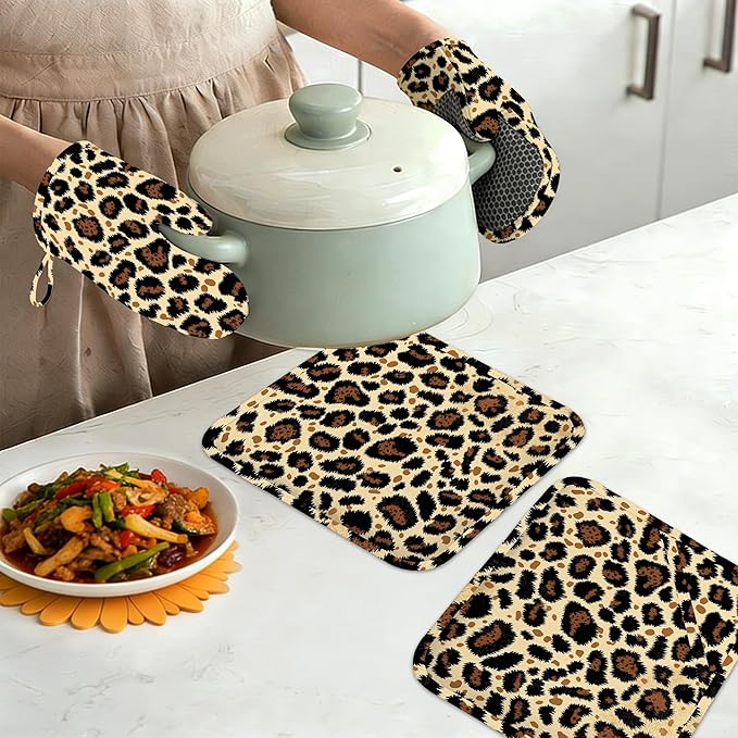 Leopard Print Oven Mitts and Pot Holders Sets of 4, Heat Resistant Silicone Oven Mitts Gloves Non-Slip Kitchen Mittens Potholders for Cooking Baking Grilling BBQ
