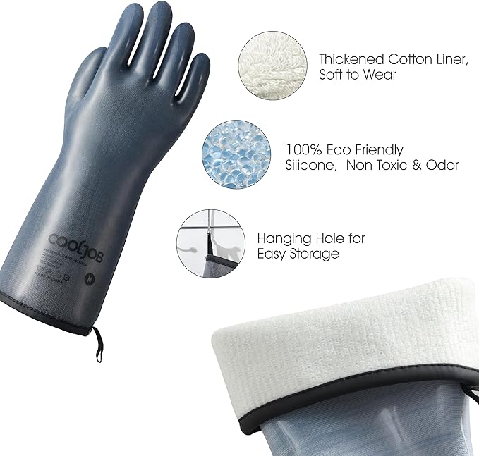 COOLJOB Heat Resistant Oven Gloves, Waterproof Liquid Silicone BBQ Grilling Gloves for Barbecue, Kitchen Cleaning, Baking, Food Contact, Black, Medium