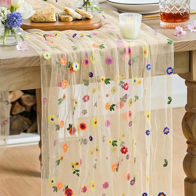 Artoid Mode 6PCS Champagne Embroidery Daisy Gauze Table Runner 120 Inch 10FT, Seasonal Sheer Kitchen Dining Holiday Wedding Birthday Table Decor for Home Party