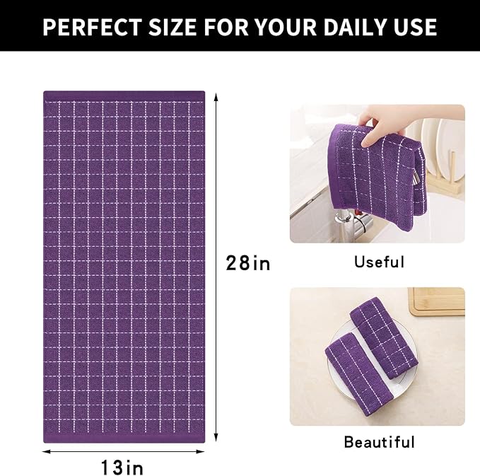 Homaxy 100% Cotton Terry Kitchen Towels(Purple, 13 x 28 inches), Checkered Designed, Soft and Super Absorbent Dish Towels, 2 Pack