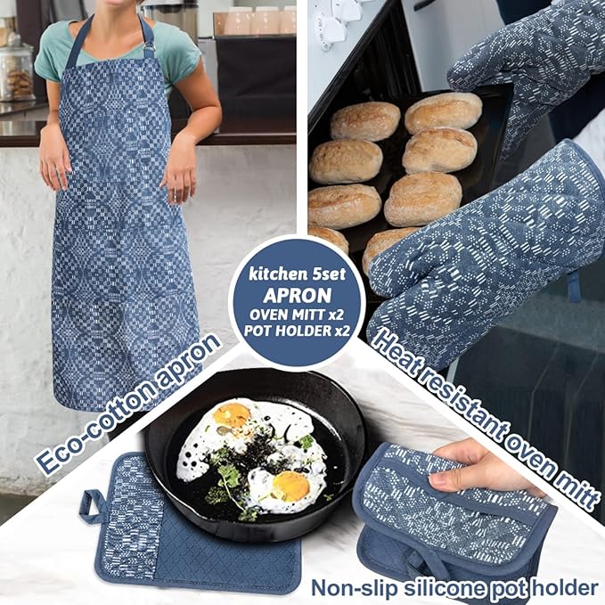 Oven Mitts and Pot Holders with Cooking Apron Set of 5, Heat Resistant Kitchen Gloves and Silicone Non-Slip Potholders (Dusty Blue)