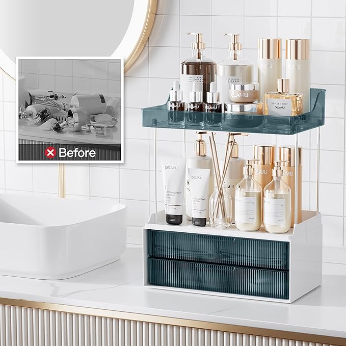 Delamu Bathroom Organizers and Storage, 2 Tier 2 Drawer Makeup Organizer Countertop, Easy to Install, Ideal for Bathroom Counter, Vanity, Ideal for Women Girls, Blue