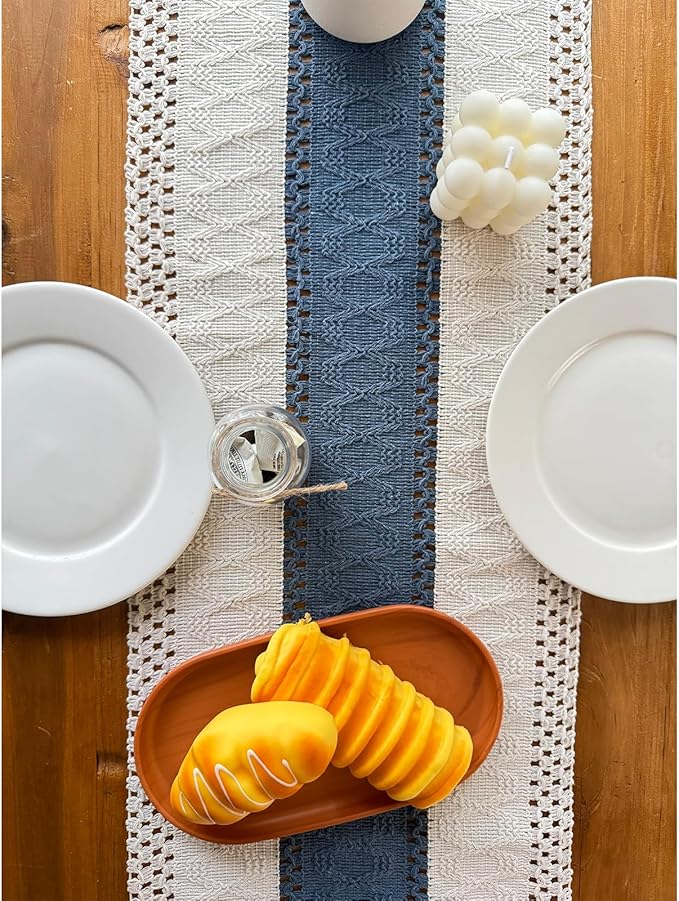 Blue Boho Table Runner for Home Decor with Tassels 72 Inches Farmhouse Rustic Table Runner Macrame Burlap Table Decoration for Living Room Bridal Shower(12x72 Inches, Fringe Included)