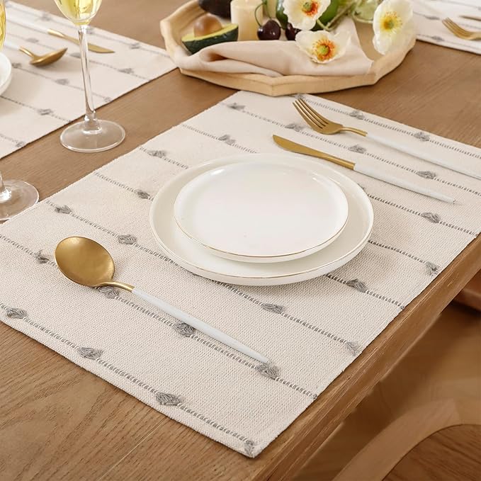 Boho Placemats 13 x 19 Inch Set of 4 for Dining Table Decor Woven Cloth Place Mats for Farmhouse Rustic Kitche Spring Home Decor Cotton Placemats Gray and Beige Table Mats