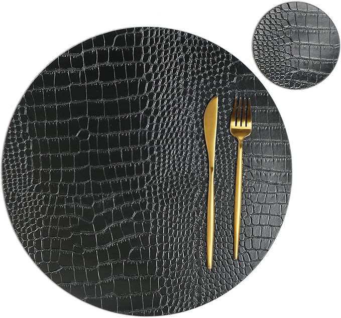 Round Leather Placemats for Round Tables Set of 8, Black Table Place Mats and Coasters, Washable Easy to Care for Indoor Decor 13" Diameter