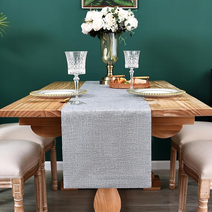 NEWISHER Farmhouse Rustic Table Runner Solid Grey Rectangular Table Runners Faux Linen Table Runner for Everyday Use Kitchen Dining Party Table 13x72 Inch
