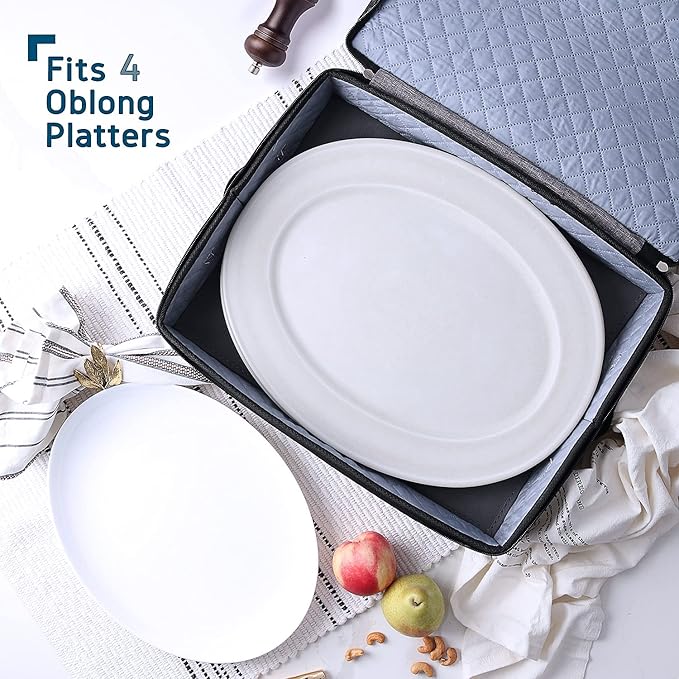 Platter Storage Case – Fine China Storage Containers Hard Shell, Quilted and Stackable 16”x 12.5”x 3.5” Platter Storage Container with Handles and Felt Dividers for Moving and Seasonal Storage, Grey