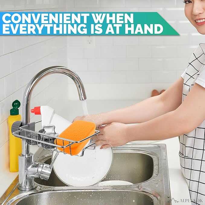 Kitchen Sink Faucet Organizer - Stainless Steel Kitchen Sink Sponge Holder Around Faucet, Rust-Resistant, 360° Rotating Design (7.0" x 5.4" x 1.69") - Fits Only 0.78" - 0.98" Diameter Pipes