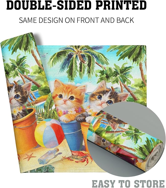 Lovely Cat Linen Placemats Holiday Beach Place Mat Set of 4 Dining Table Decor
