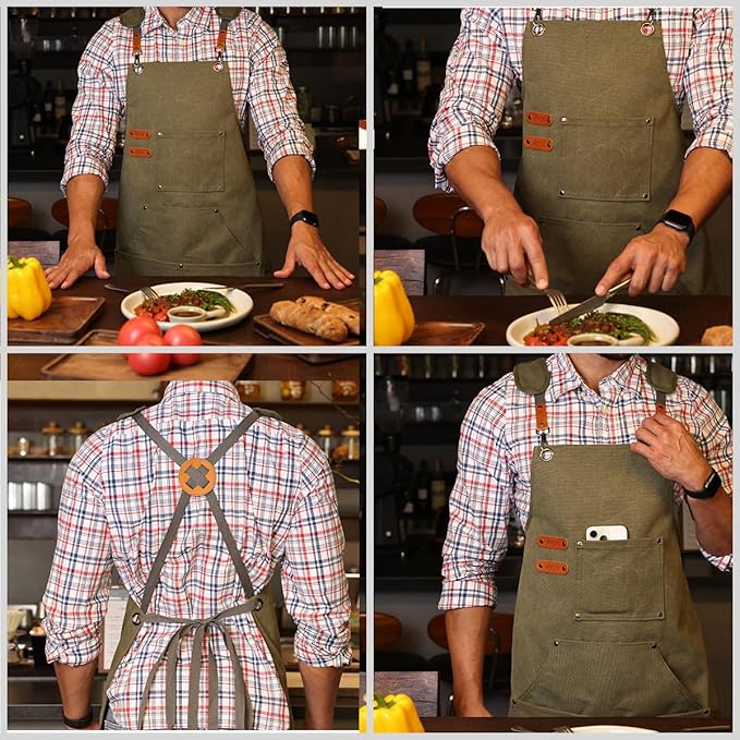 Chef Apron-Cross Back Apron for Men Women with Adjustable Straps and Large Pockets,Canvas
