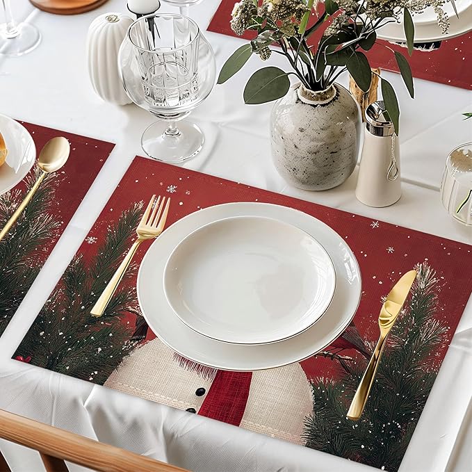 Christmas Snowman Placemats Set of 6,Cardinal Washable Kitchen Dining Linen Table Mats for Home Party Dinner Indoor Outdoor 12x18Inch