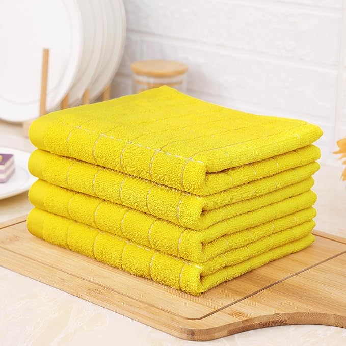 Homaxy 100% Cotton Terry Kitchen Towels(Yellow, 13 x 28 inches), Checkered Designed, Soft and Super Absorbent Dish Towels, 4 Pack