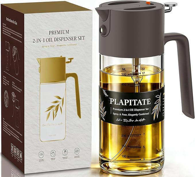 PLAPITATE 17oz/500ml Premium Olive Oil Sprayer for Cooking, 2 in 1 Glass Olive Oil Dispenser Bottle for Kitchen Gadgets, Spray Bottle with Portion Control for Salad, Frying, BBQ (Gray)
