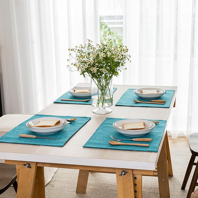 Kevin Textile Set of 4 Placemats Heat Resistant Dining Table Place Mats Kitchen Table Mats, Peacock Blue, 13"x19"