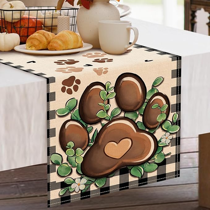 Cat Dog Paw Prints Table Runner, Buffalo Plaid Check Farmhouse Kitchen Dining Table Decoration Pet Lover Gifts, Eucalyptus Leaves Burlap Indoor Outdoor Home Decor Party Supply 13 x 90 Inches