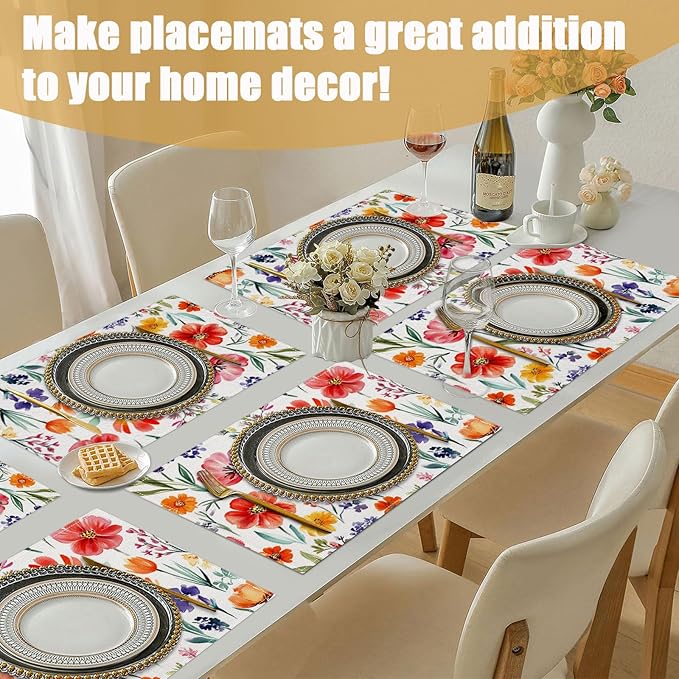 Red Flower Placemats Set of 6, Spring Summer Floral Linen Place Mat Washable Stain Resistant Table Mats for Farmhouse Kitchen Dining Party Wedding Decor 12x18 Inch
