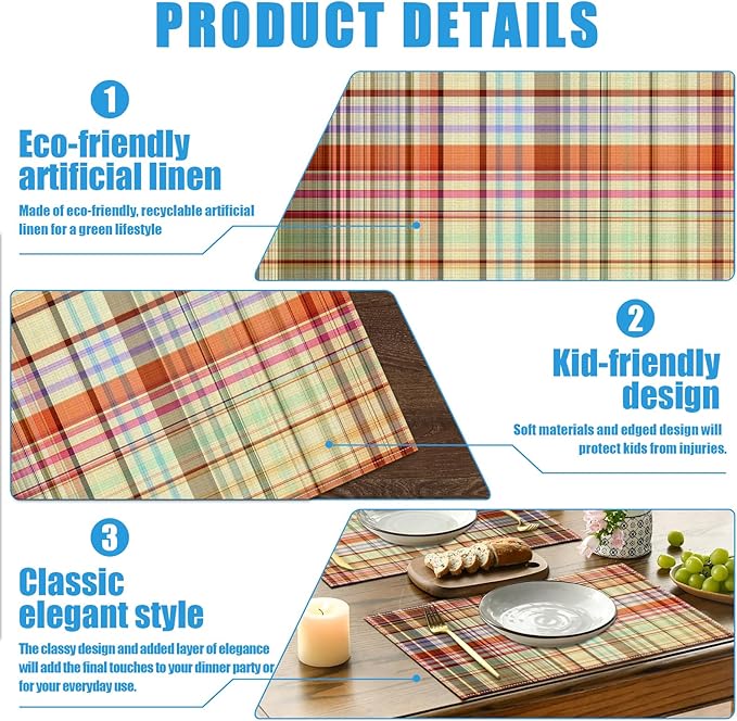 Rustic Colorful Plaid Placemats Set of 6, Vintage Grid Washable Linen Place Mat Heat Resistant Non Slip Kitchen Dining Table Mats 12x18 Inch