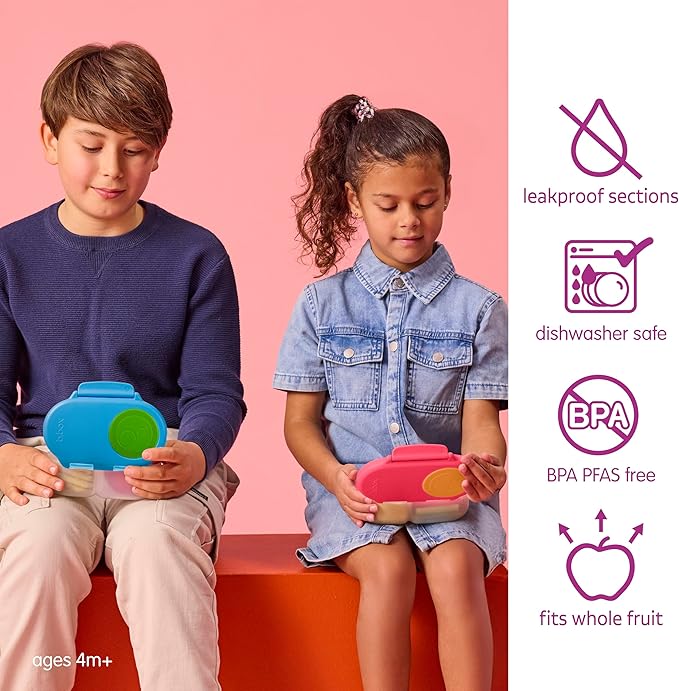 b.box Snack Box - Leakproof Mini Bento Box for Kids & Toddlers, 2 Compartment Snack Containers for Kids, Lunch Containers, Dishwasher Safe, BPA Free, PFAS Free, Ages 4m+, 1 3/4 Cup - Strawberry Shake