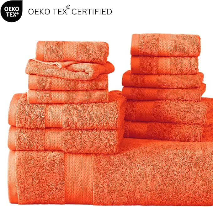 Lane Linen 100% Luxury Cotton Towel Set for Bathroom - 24 PCs - Absorbent, Super Soft & Quick Drying - 4 Bath, 4 Fingertip, 6 Hand Towels, 8 Washcloths, 2 Bath Sheets - Low Twist Towels - Living Coral