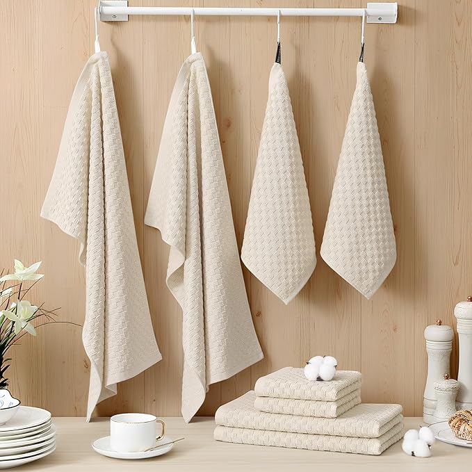 Homaxy 100% Cotton Kitchen Towels and Dishcloths Set, 12 x 12 & 15 x 25 Inches, Set of 12 Bulk Terry Cloth Dish Towels, Super Soft and Absorbent Hand Towel with Hanging Loop, Beige