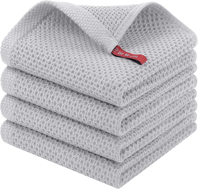 Homaxy 100% Cotton Waffle Weave Kitchen Dish Cloths, 4-Pack Ultra Soft Absorbent Dish Towels, Quick Drying Dish Rags, 12 x 12 Inches, Light Gray