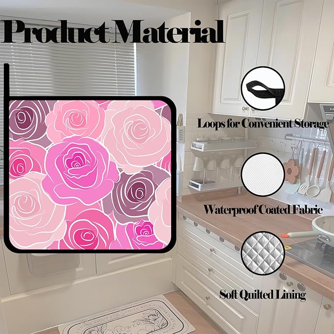 Pink Gold Rose Floral Pot Holders Set of 2,Kitchen Heat Resistant Potholder for BBQ Cooking Baking,Food Hot Pad for Women Men