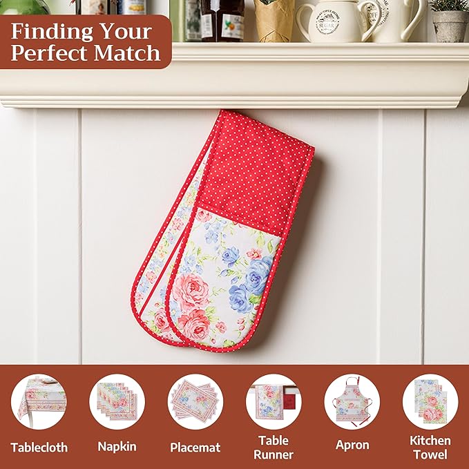 Maison d' Hermine Double Oven Mitts 100% Cotton 7"x35" Double Oven Mitt Heat Resistant BBQ Cooking Gloves with Loop Baking Grilling Gifts for Mothers Day Spring Summer (Vintage Floral)