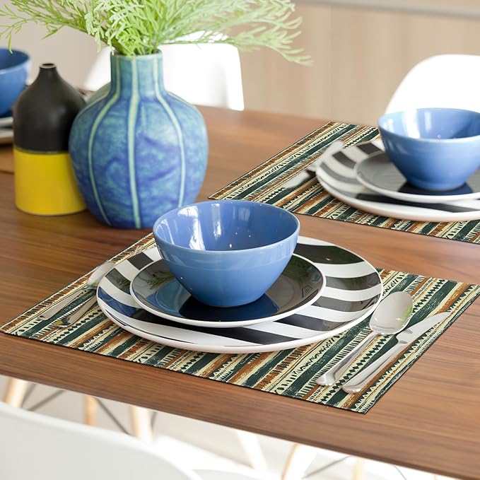 comfoyar Boho Colorful Striped Placemats Set of 4, 12x18 Inch Non-Slip Linen Place Mats, Washable Absorbent Rectangular Table Mats for Indoor Kitchen Dining Party Table Decoration
