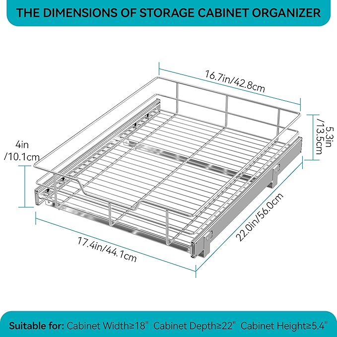 Pull Out Cabinet Organizer 17" W X 22" D, Slide Out Drawers For Kitchen Organizers and Storage, Pull Out Drawers For Cabinets Capacity Heavy Duty Caddy, Cabinet Shelves Chrome-Plated, Bathroom Pantry