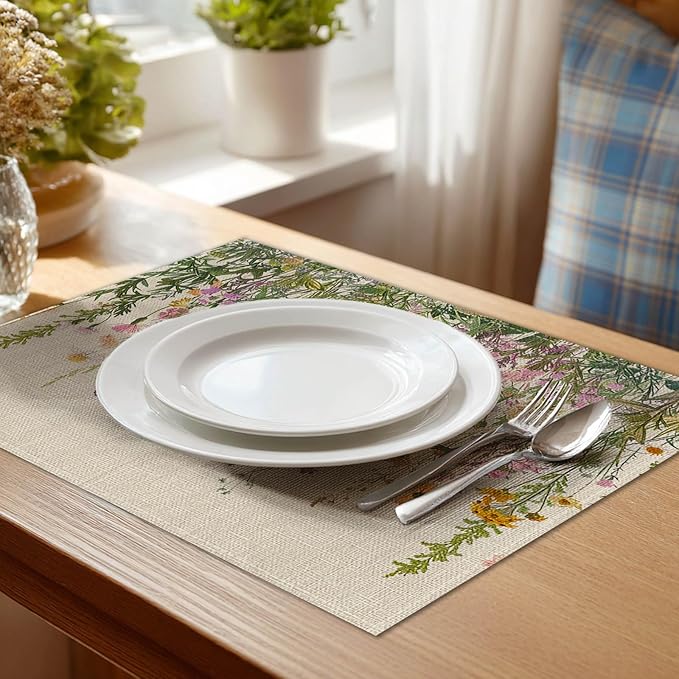 HOMETITUTE Floral Linen Placemats Set of 4 12x18 inch Spring Table Mats for Dining Table Farmhouse Decorations Kitchen Decor Desk Mat for Outdoor Home Party Kitchen Seasonal Dining Decor