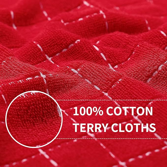 Homaxy 100% Cotton Terry Kitchen Towels(Red, 13 x 28 inches), Checkered Designed, Soft and Super Absorbent Dish Towels, 4 Pack