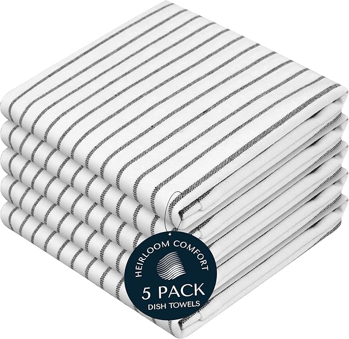Black Stripe Kitchen Towels (5 Pack), 100% Cotton, Classic Striped Towel Set, Super Absorbent & Durable Dish Cloths, Quick Drying Fabric for Drying Dishes, Everyday Kitchen Cleaning