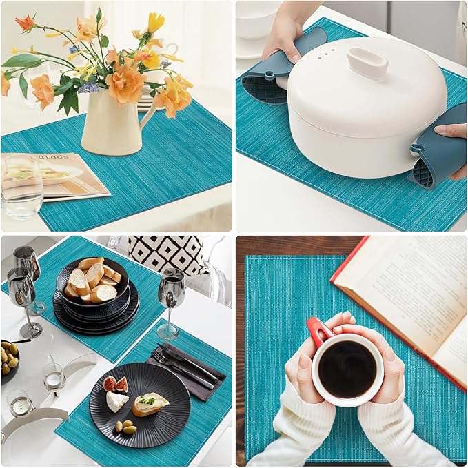 Niviy Teal Blue Placemats Set of 6, 12x18 Inch Washable Easy to Clean Heat-Resistant Anti-Skid Teal Blue Placemats for Holiday Party Kitchen Dining Room Decoration